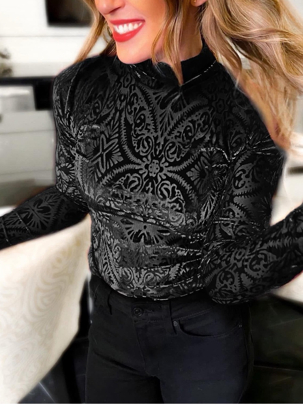 Wildfox Black Velvet Burnout Mock Neck Long Sleeve Top